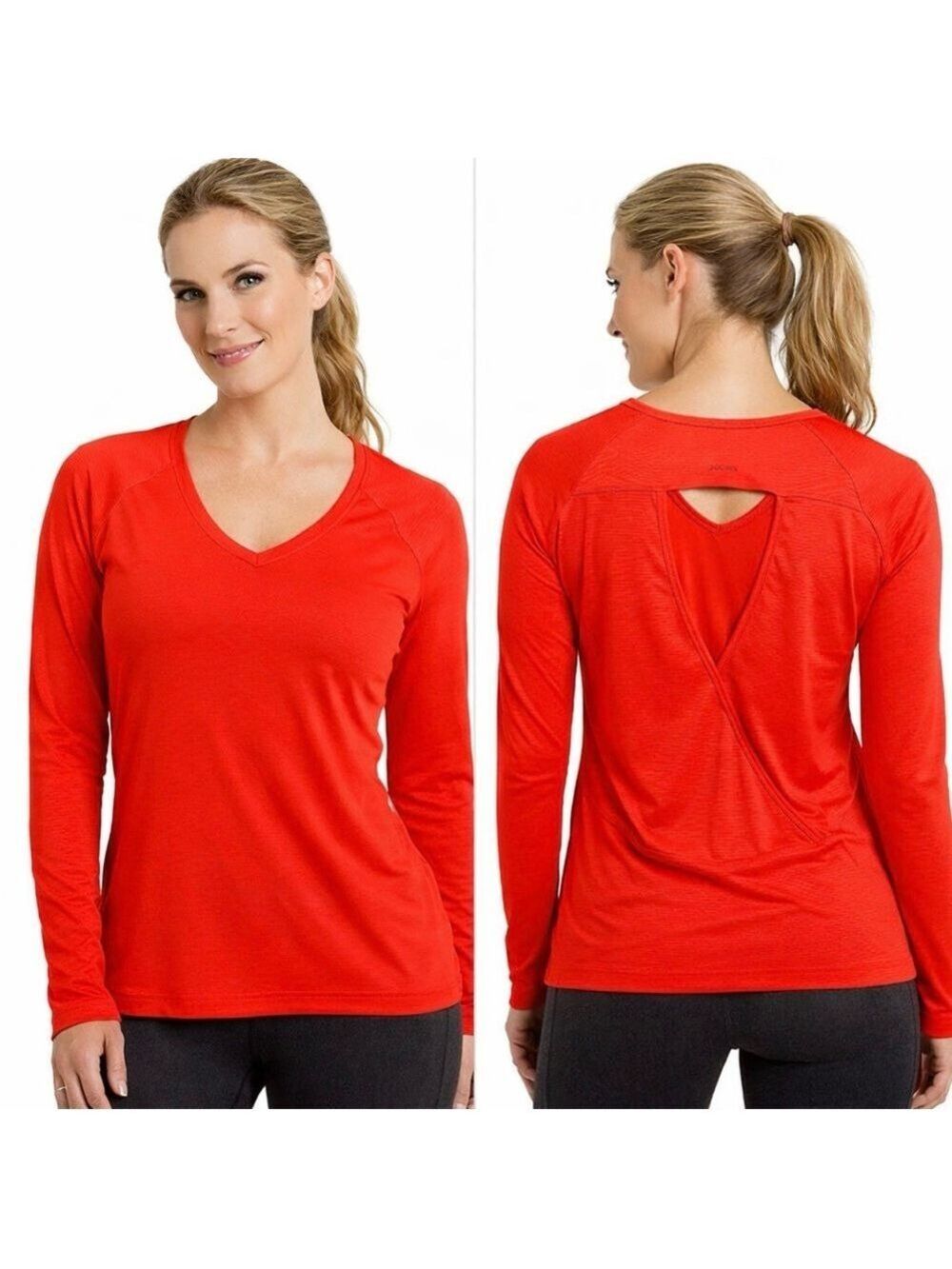 JOCKEY BRIGHT ORANGE LONG SLEEVE RUNNING YOGA TOP XL V-NECK BACK HOLE THUMBHOLES